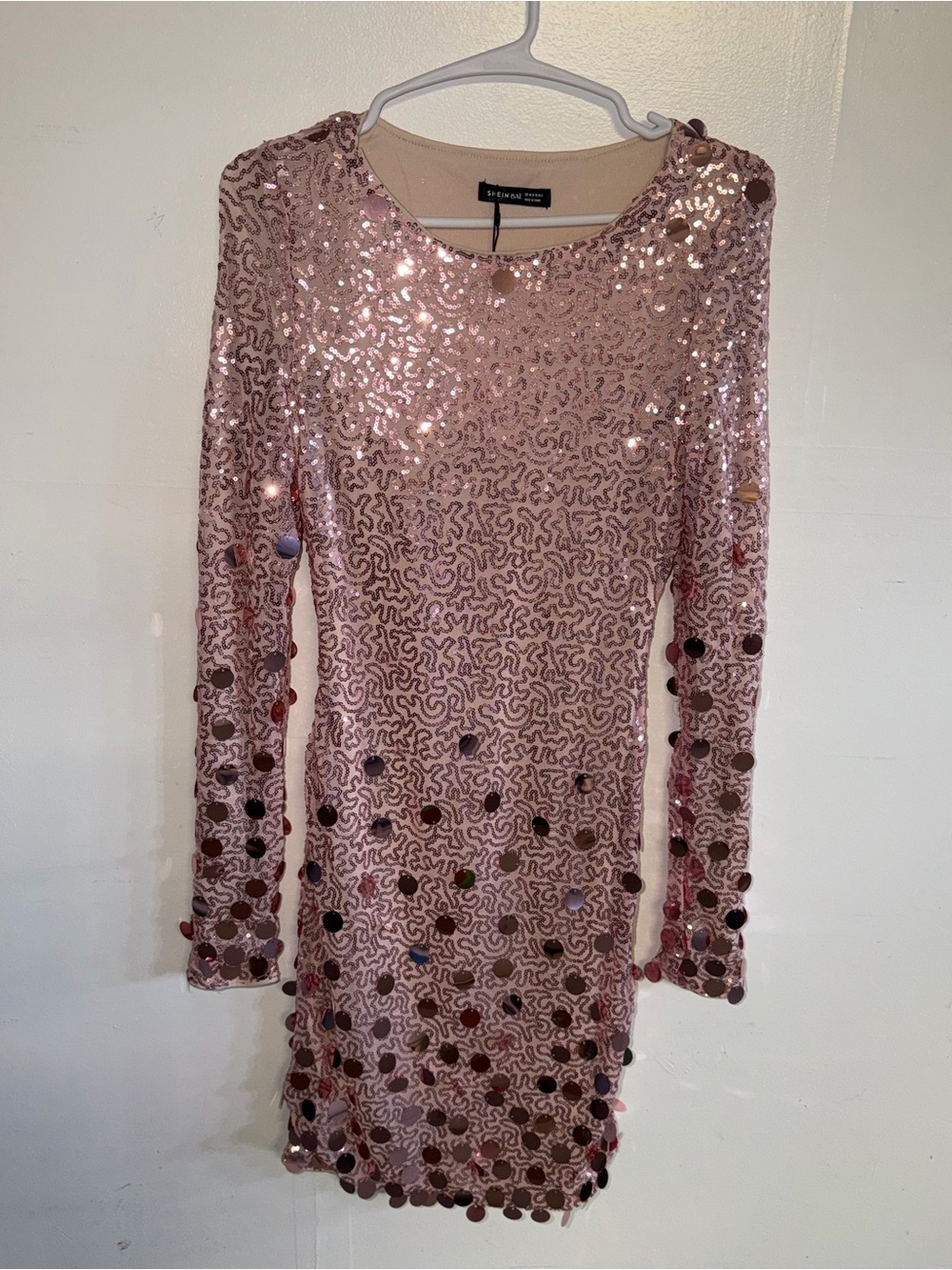 SHEIN Pink Sequin Long-Sleeve Midi Dress
